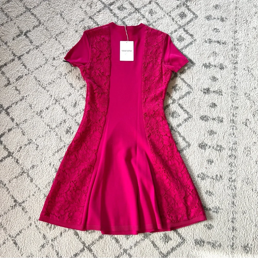 Valentino Brand New Pink Fuchsia Lace Panel Knit Stretch Dress - Picture 7 of 8